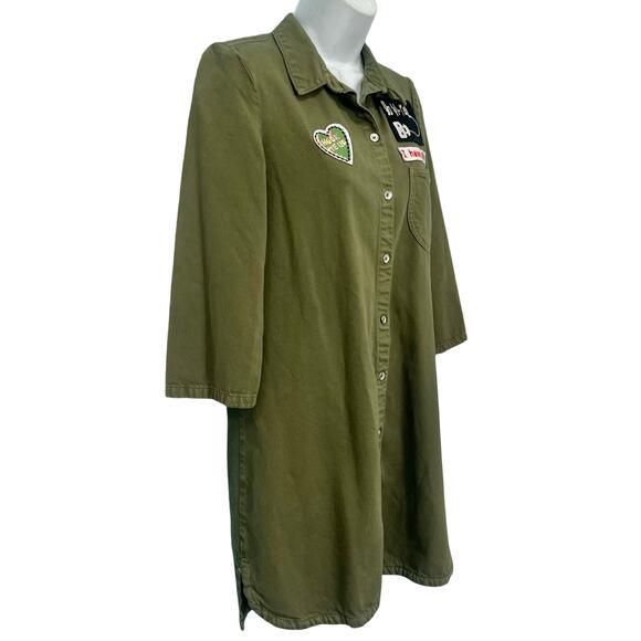 Zara Olive Green Patches Denim Button Down 3/4 Sleeve Shirt Dress sz S Trafaluc - Picture 5 of 13